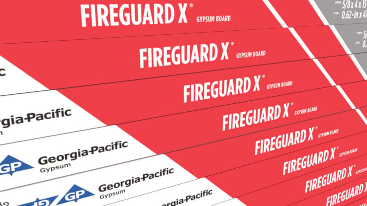 ToughRock® Fireguard X® Gypsum Board - close up image of side tape which are vertical lines in the following colors, gray, red, and white