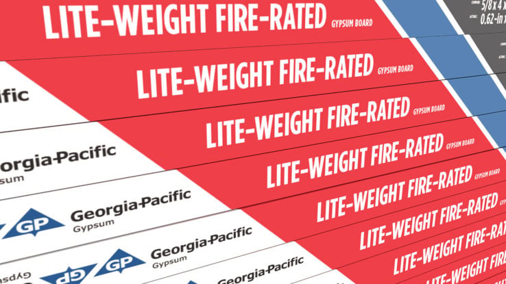 ToughRock® Lite-Weight Fire-Rated Gypsum Board product rendering - close up review of the side tape which are vertical lines in the following colors, blue, red, white, gray and white